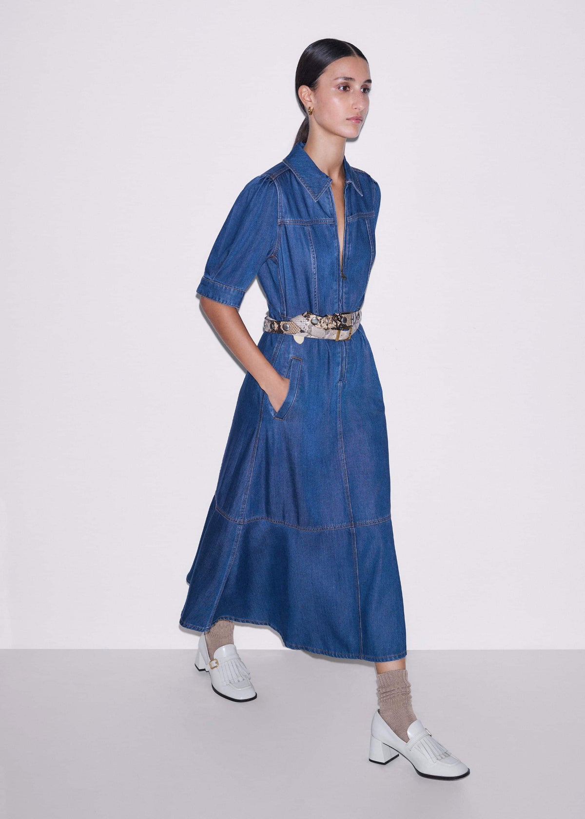 Blue Fluid Fit + Flare Midi Dress + Belt | ME+EM