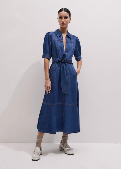 Blue Fluid Fit + Flare Midi Dress + Belt | ME+EM