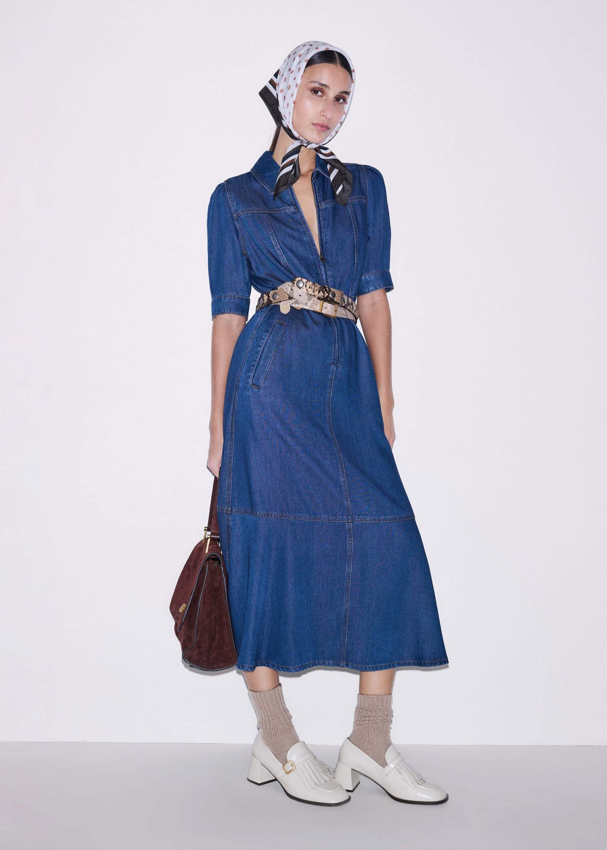 Blue Fluid Fit + Flare Midi Dress + Belt | ME+EM