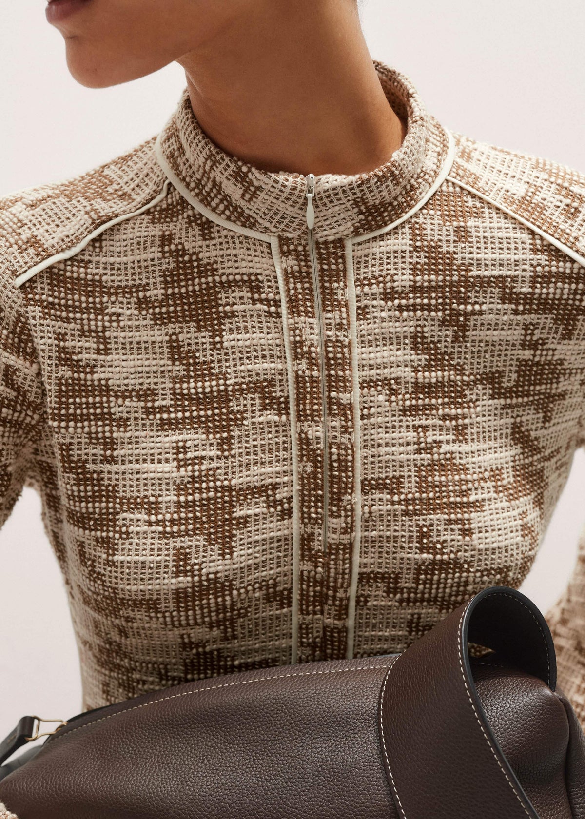Brown Exaggerated Houndstooth Midi Dress | ME+EM