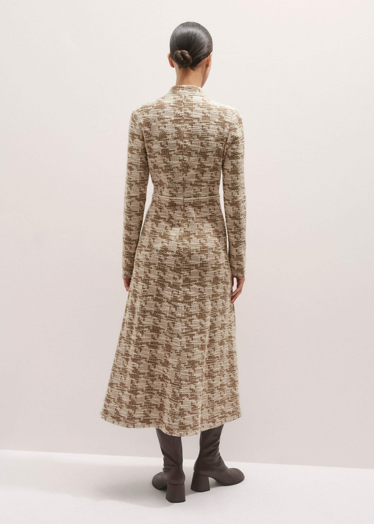 Brown Exaggerated Houndstooth Midi Dress | ME+EM