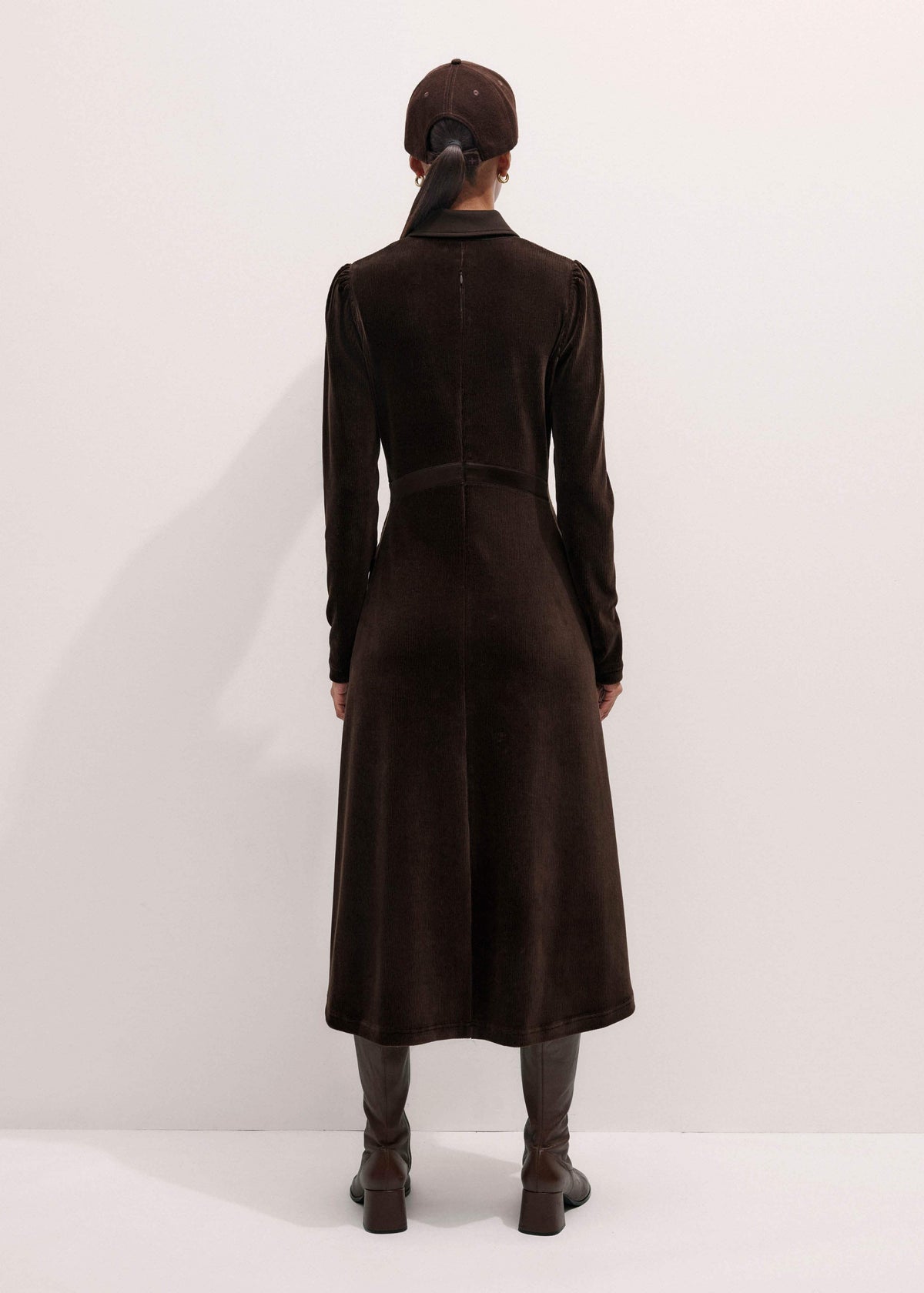 Brown Ponte Collared Cord Velour AM-PM Midi Dress | ME+EM
