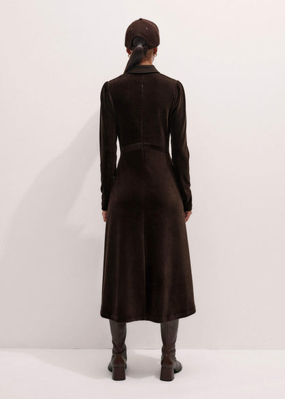 Brown Ponte Collared Cord Velour AM-PM Midi Dress | ME+EM