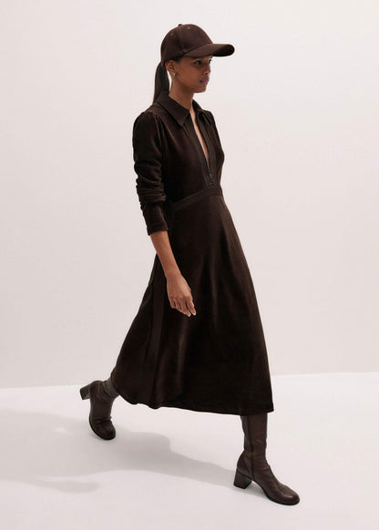 Brown Ponte Collared Cord Velour AM-PM Midi Dress | ME+EM