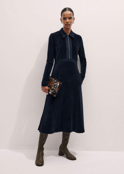 Navy Ponte Collared Cord Velour AM-PM Midi Dress | ME+EM