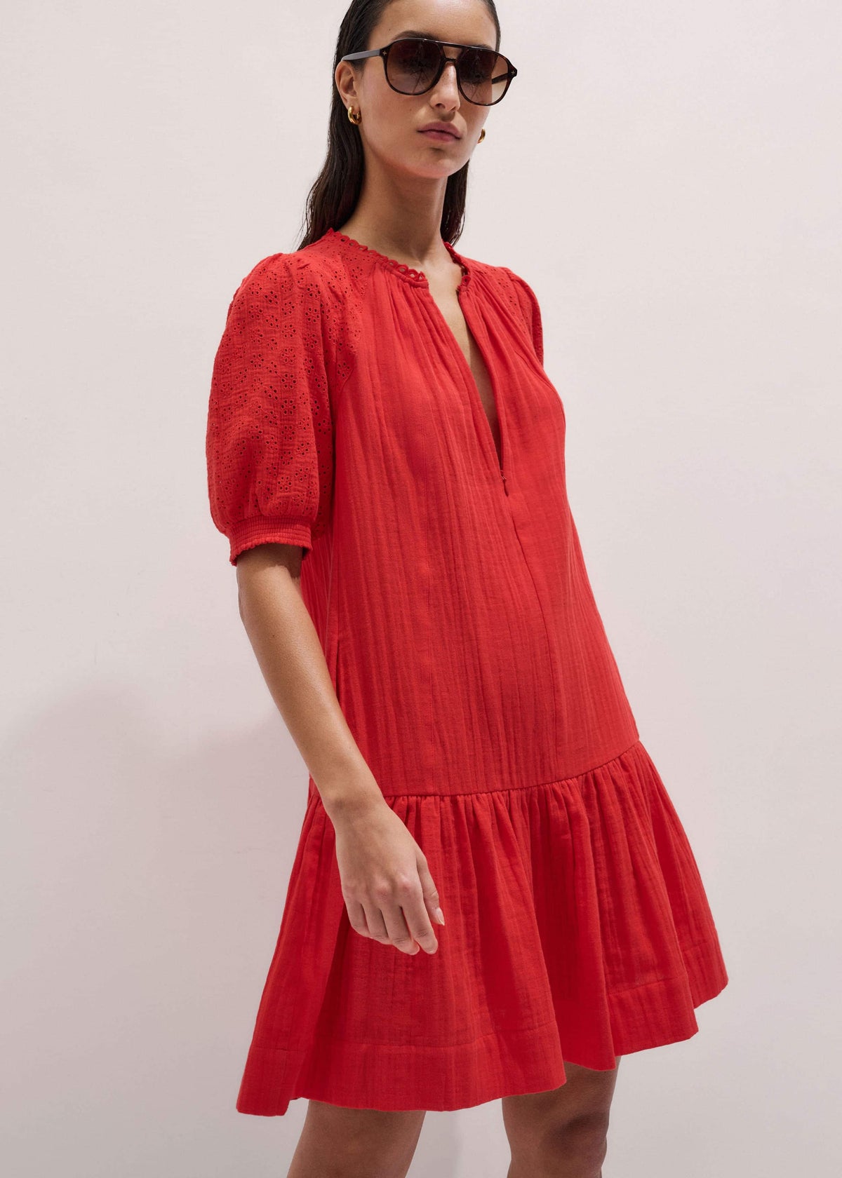 Red Embroidered Cheesecloth Short Dress | ME+EM
