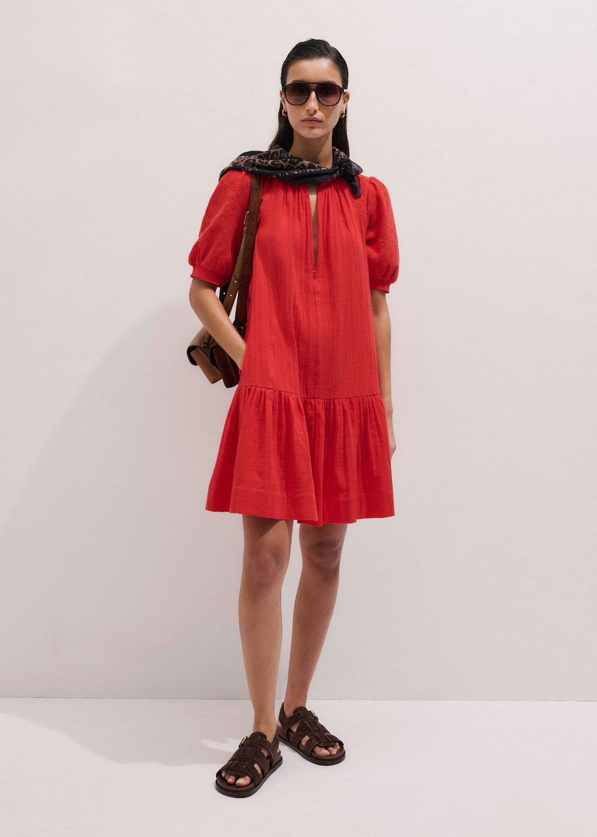 Red Embroidered Cheesecloth Short Dress | ME+EM