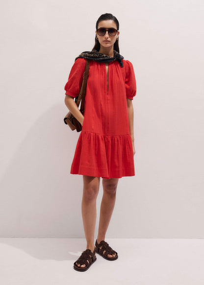 Red Embroidered Cheesecloth Short Dress | ME+EM