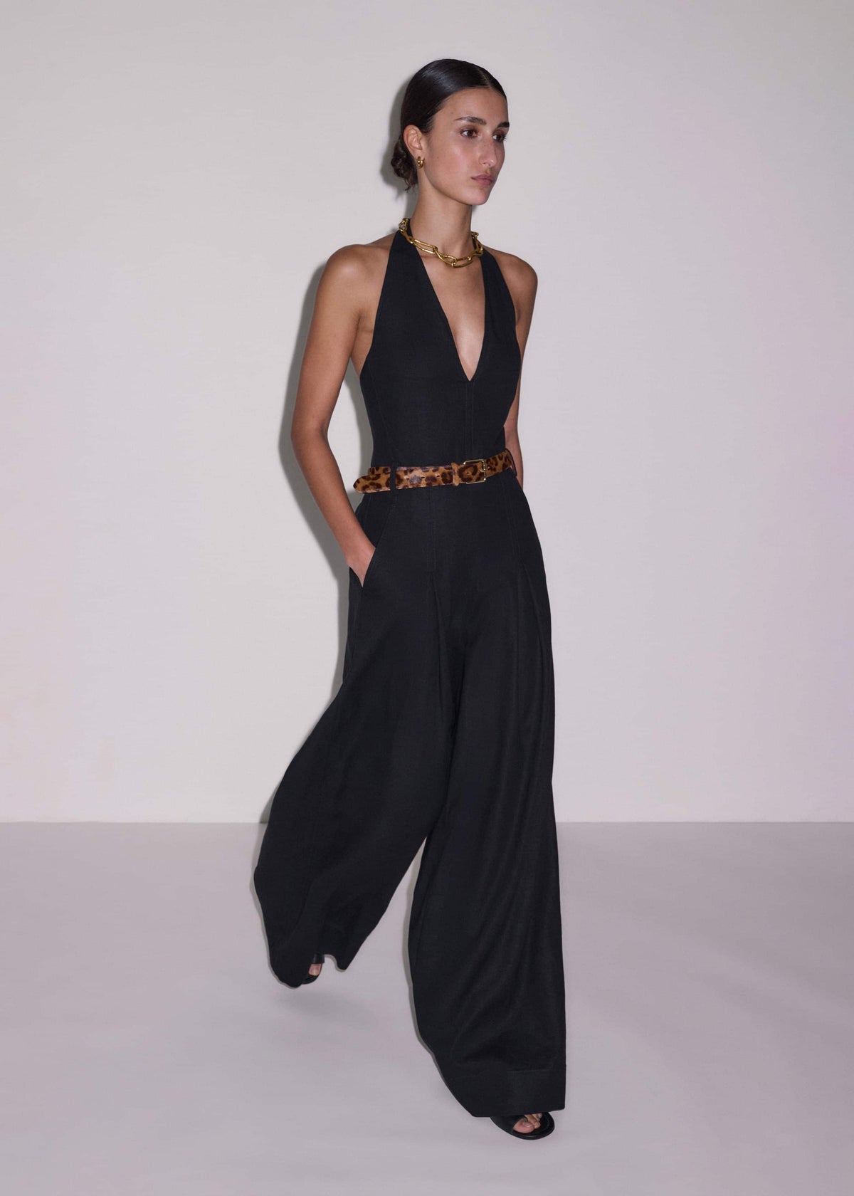 Black Crease-Less Linen Halterneck Wide Jumpsuit | ME+EM