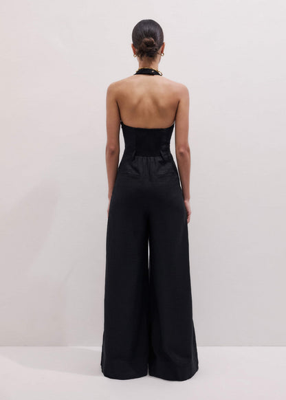 Black Crease-Less Linen Halterneck Wide Jumpsuit | ME+EM