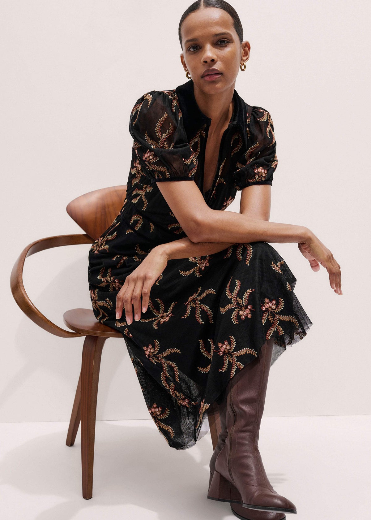Black Autumn Floral Embroidery Maxi Dress | ME+EM