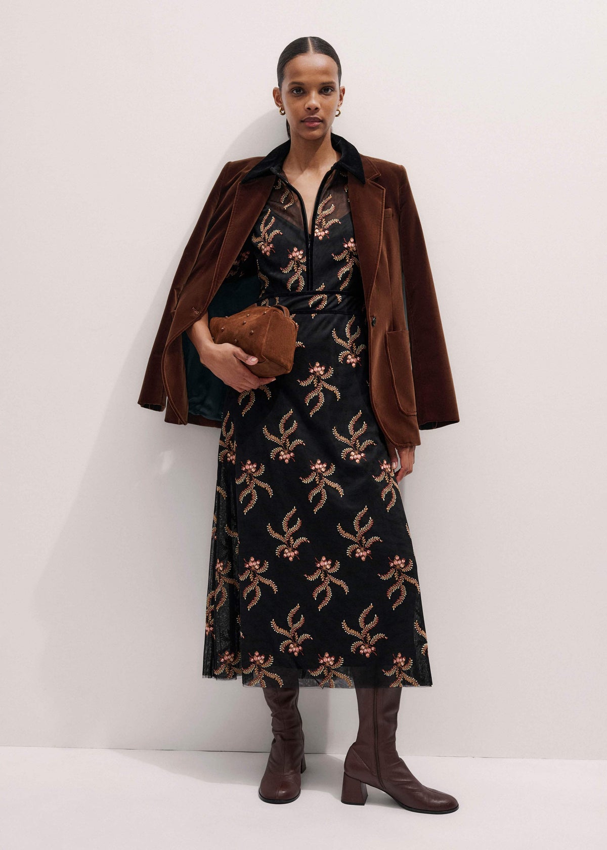 Black Autumn Floral Embroidery Maxi Dress | ME+EM