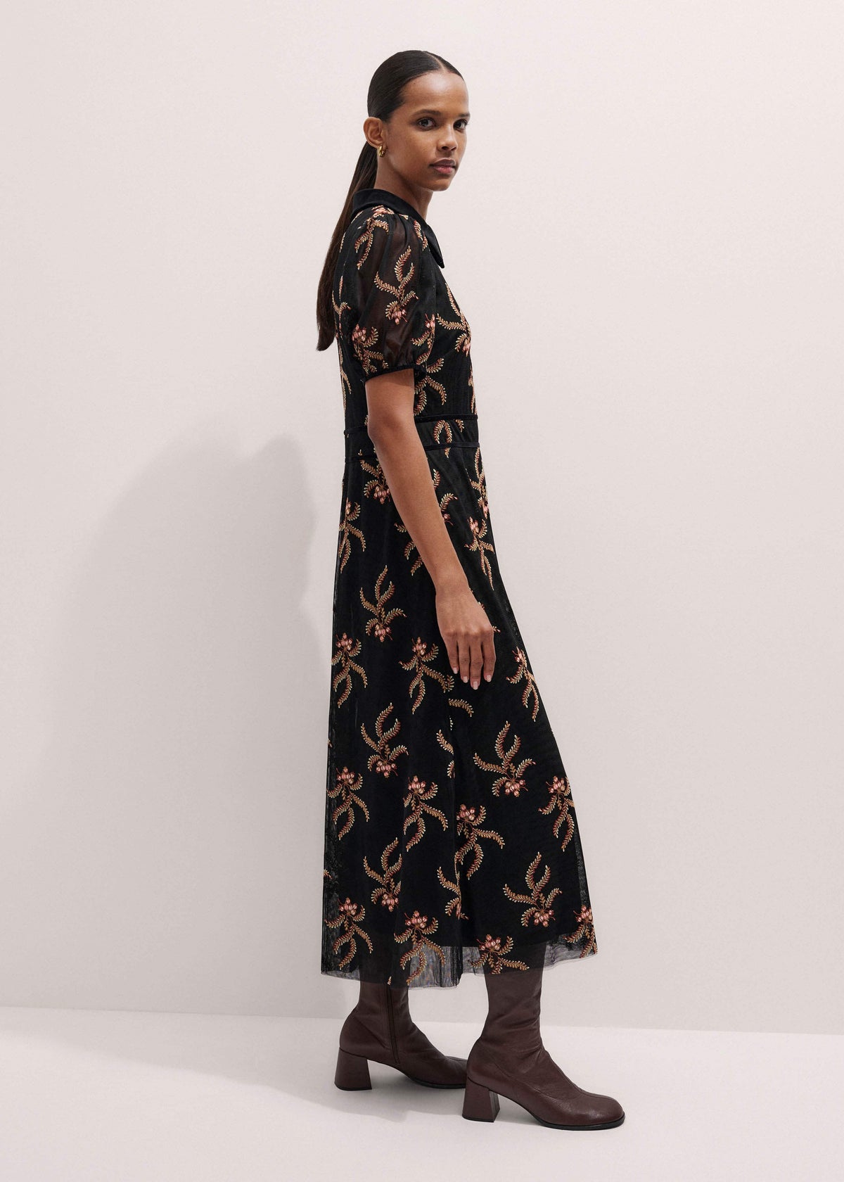 Black Autumn Floral Embroidery Maxi Dress | ME+EM