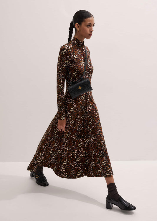 Brown Twisting Feather Print High Neck Maxi Dress | ME+EM