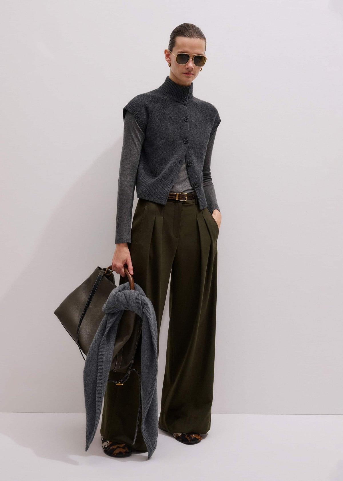 Olive Green Wide-Leg Double Pleat Pant | ME+EM