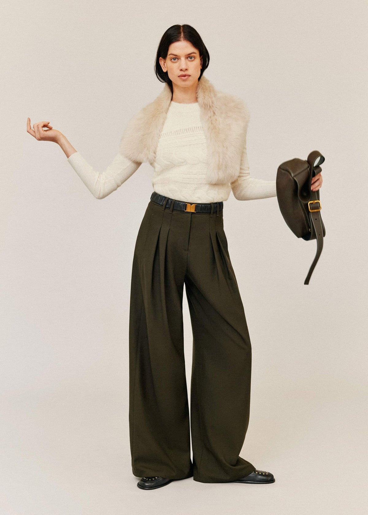 Olive Green Wide-Leg Double Pleat Pant | ME+EM