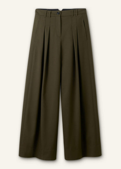 Olive Green Wide-Leg Double Pleat Pant | ME+EM