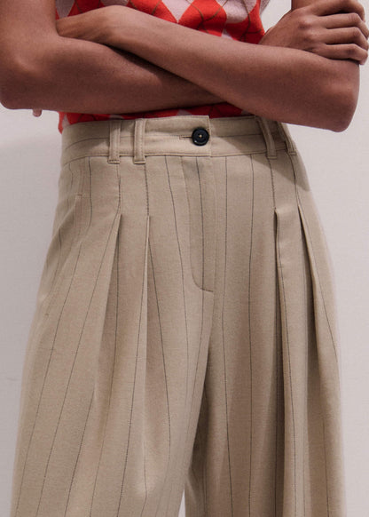 Brown Wide-Leg Double Pleat Pinstripe Pant | ME+EM