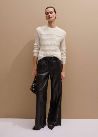 Warm Black Leather Wide-Leg Track Pant | ME+EM
