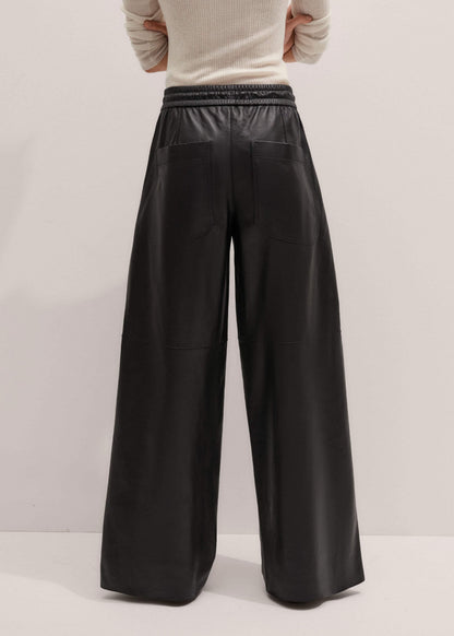 Warm Black Leather Wide-Leg Track Pant | ME+EM