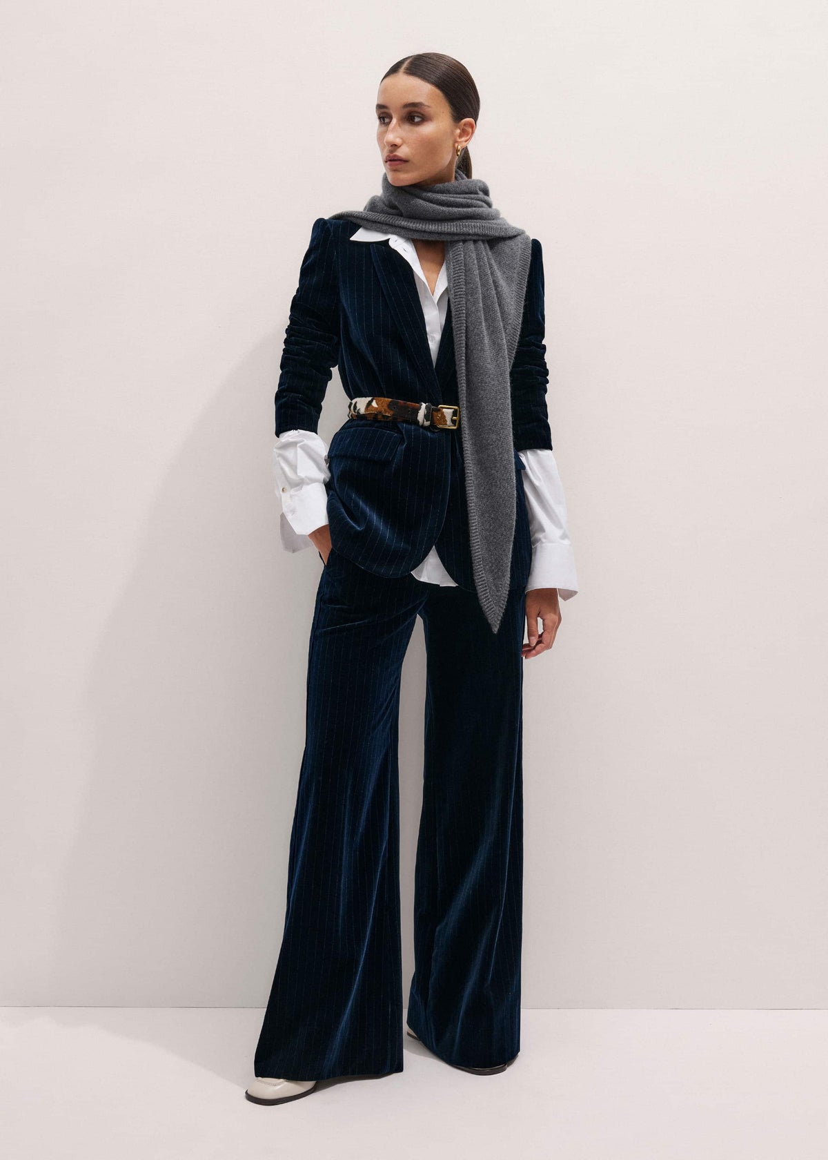 Navy Wool Pinstripe Wide-Leg Pant | ME+EM