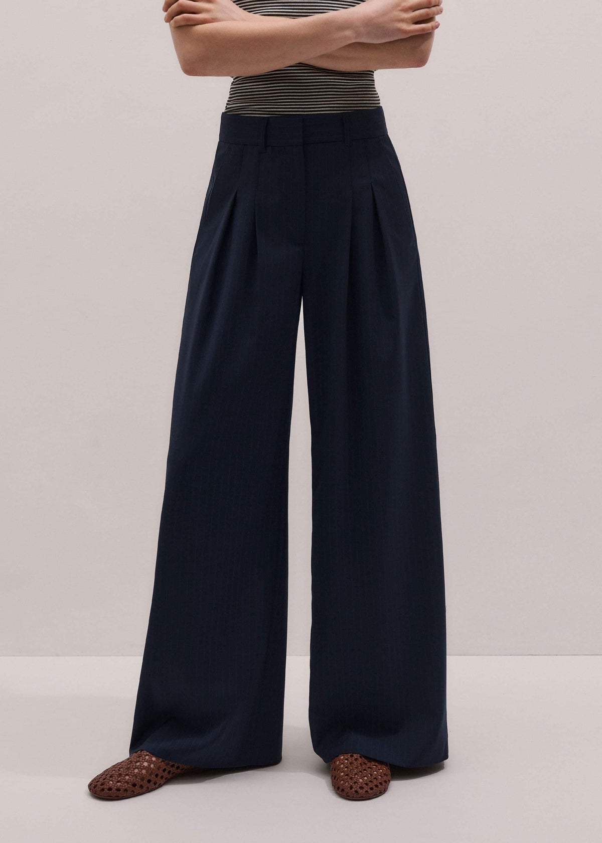 Navy Pinstripe Pleat Front Man Pant | ME+EM