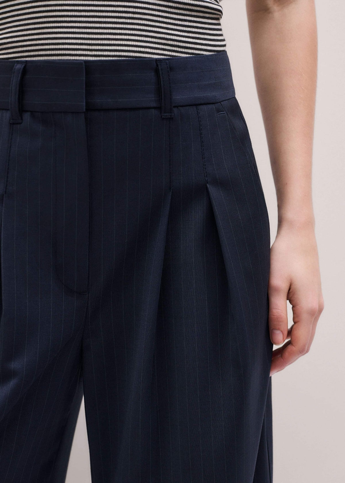 Navy Pinstripe Pleat Front Man Pant | ME+EM