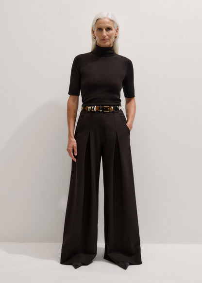 Brown Wool Ultimate Pleat-Front Wide-Leg Pant | ME+EM