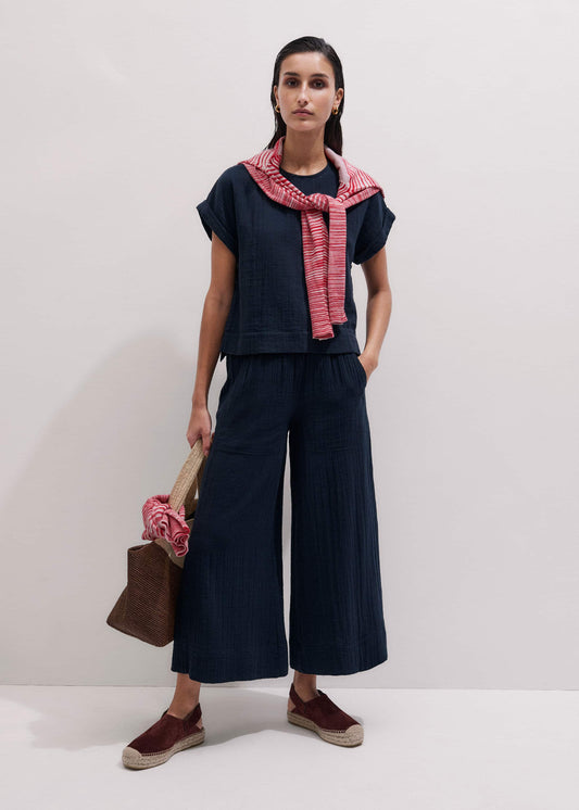 Navy Cheesecloth Cropped Wide-Leg Pant | ME+EM