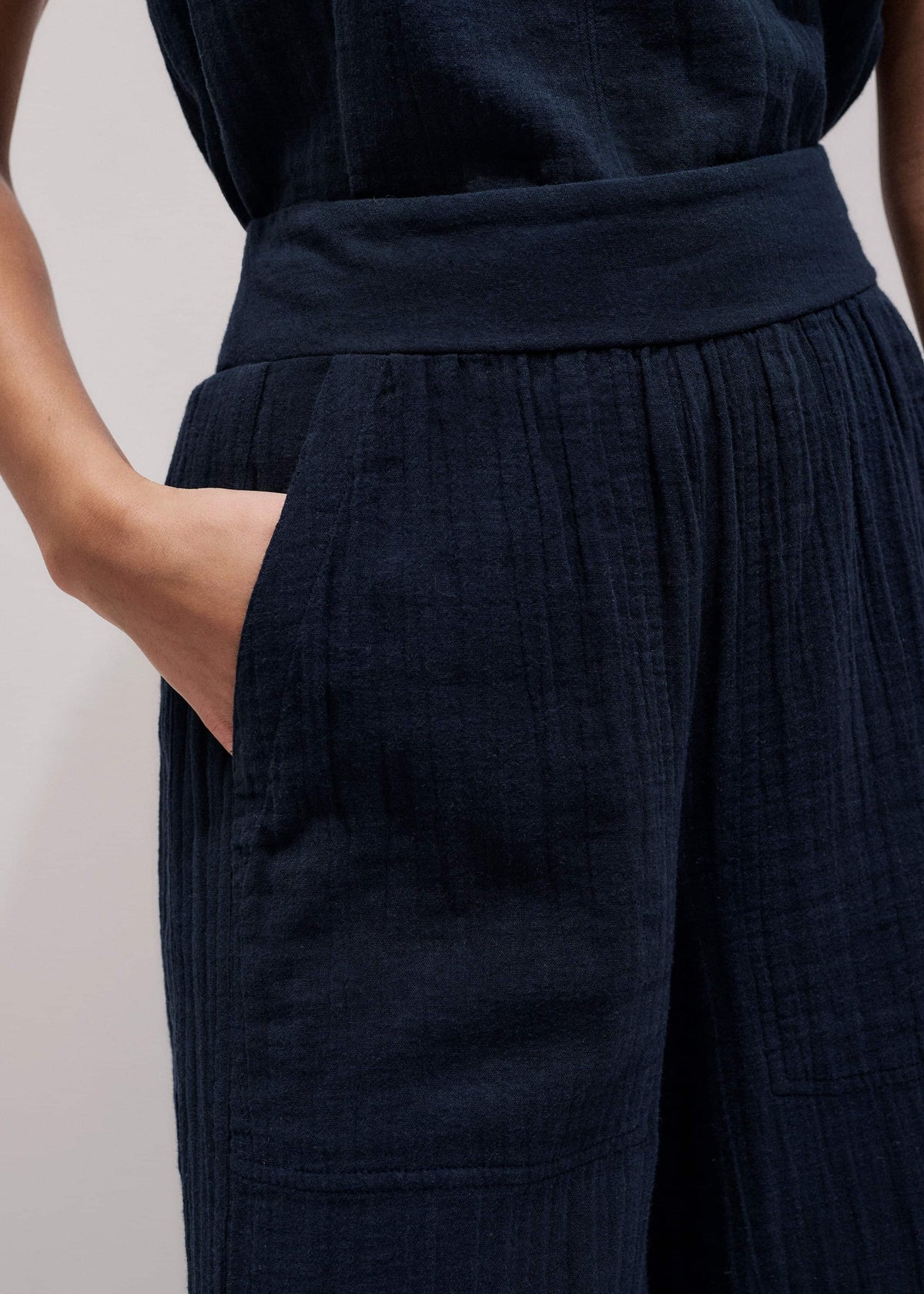 Navy Cheesecloth Cropped Wide-Leg Pant | ME+EM