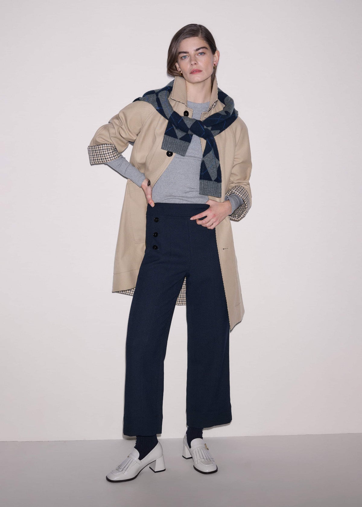 Navy Button Front Straight Crop Pant | ME+EM