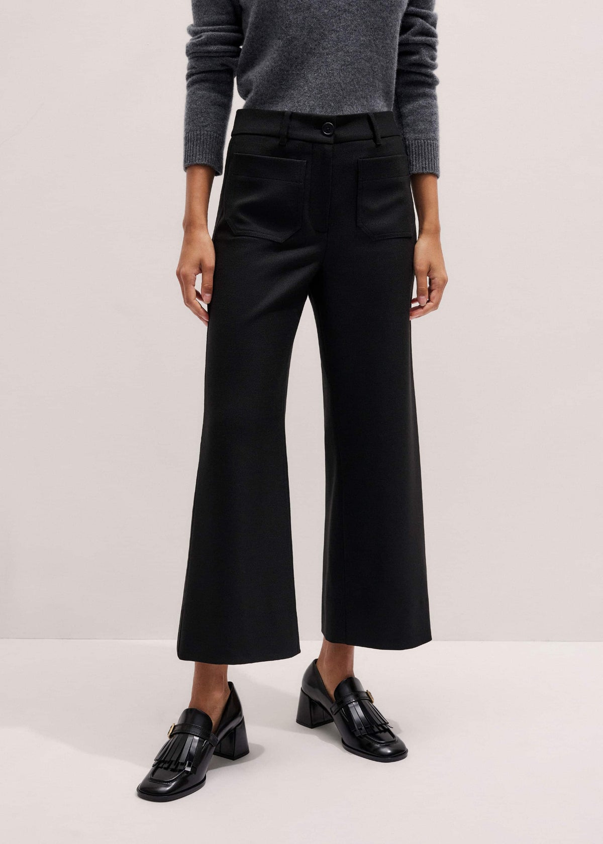 Black Stretch Twill Patch Pocket Cropped Kick-Flare Pant | ME+EM
