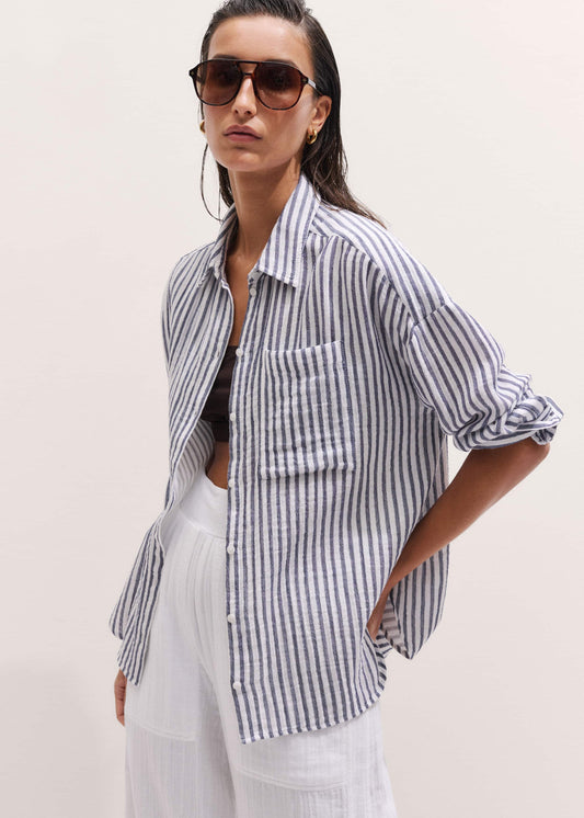 Navy Cheesecloth Relaxed Stripe Shirt | ME+EM