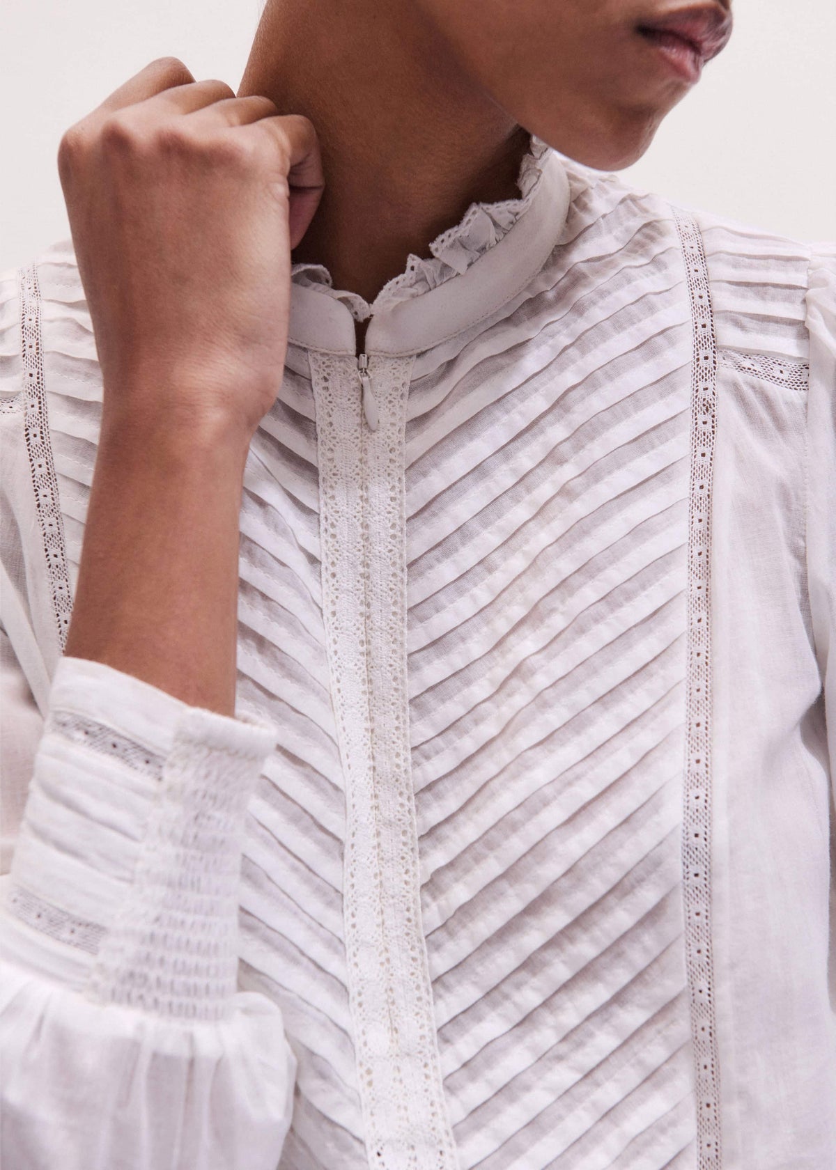 White Delicate Pintucked High-Neck Top | ME+EM