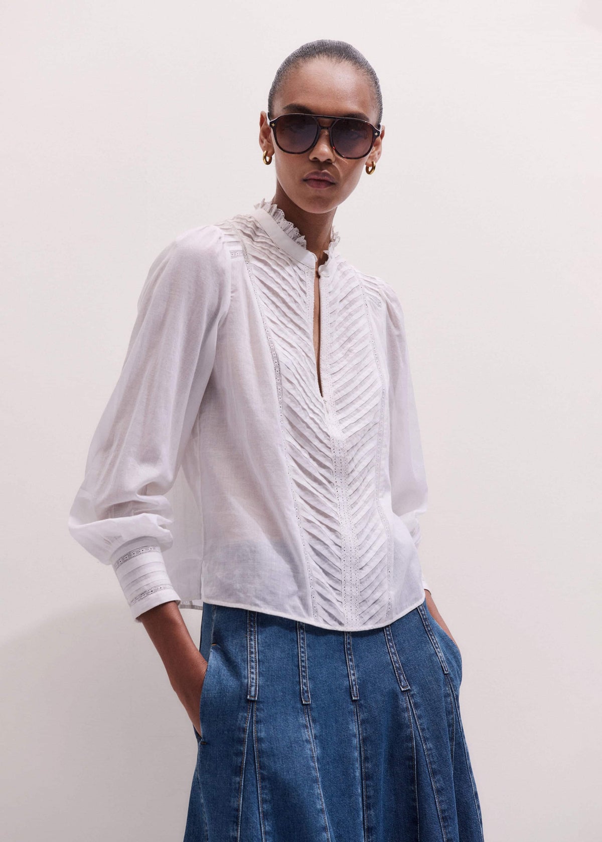 White Delicate Pintucked High-Neck Top | ME+EM