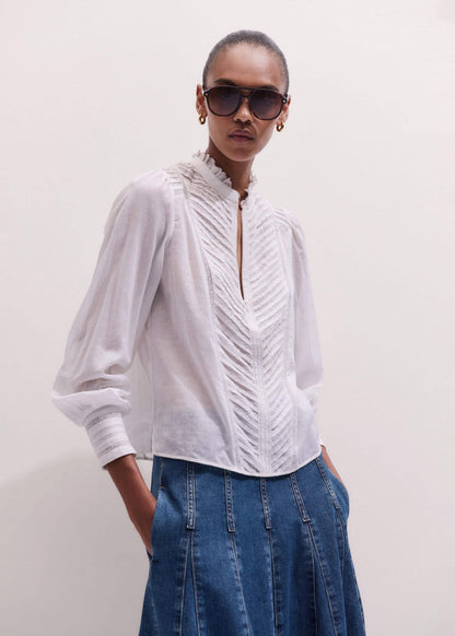 White Delicate Pintucked High-Neck Top | ME+EM