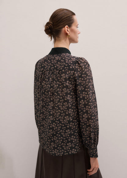 Black Scallop Daisy Print Feature Collar Blouse | ME+EM