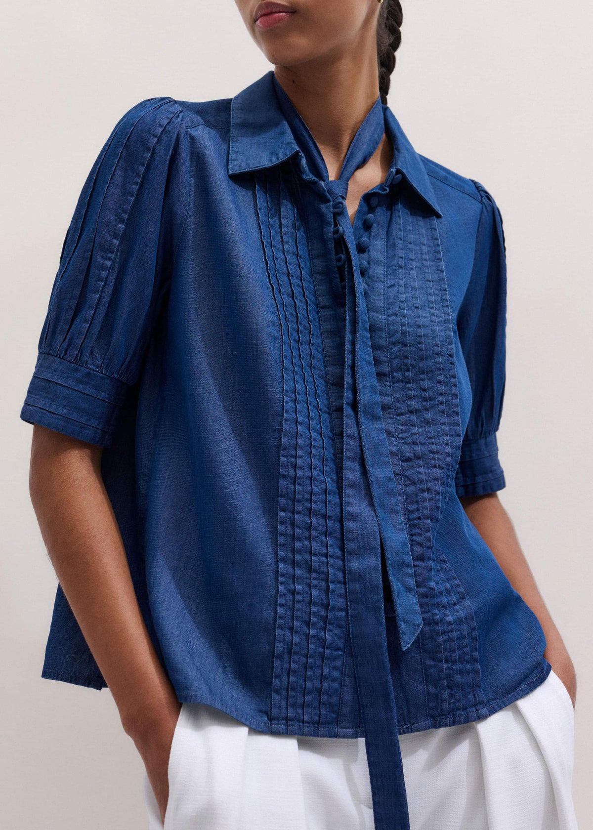 Blue Chambray Pintucked Short Sleeve Blouse + Tie | ME+EM