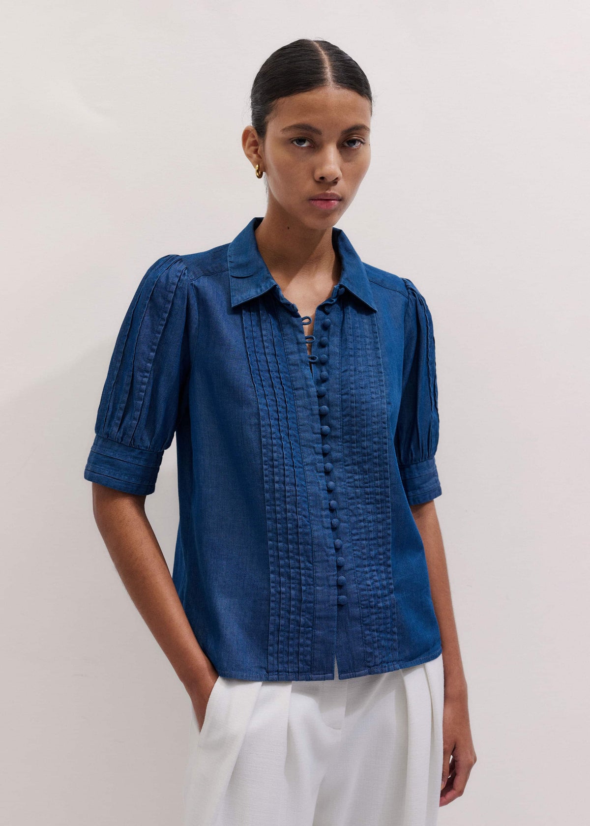 Blue Chambray Pintucked Short Sleeve Blouse + Tie | ME+EM