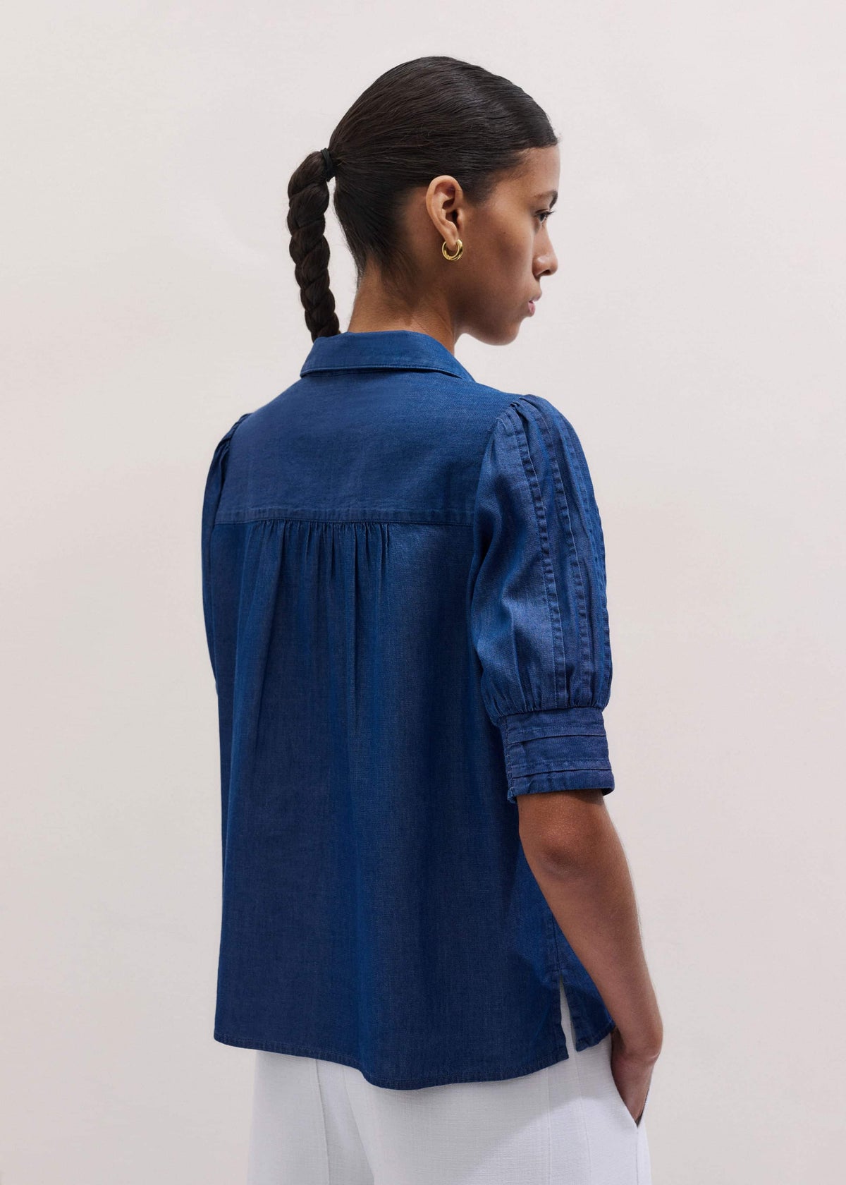 Blue Chambray Pintucked Short Sleeve Blouse + Tie | ME+EM