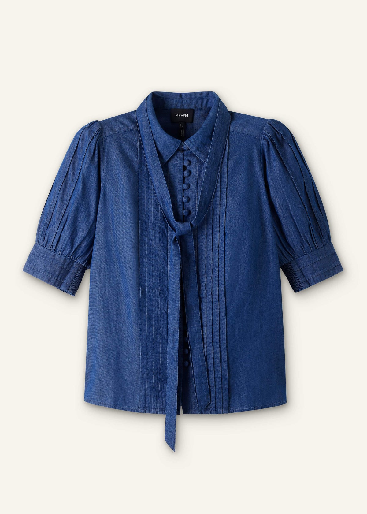 Blue Chambray Pintucked Short Sleeve Blouse + Tie | ME+EM