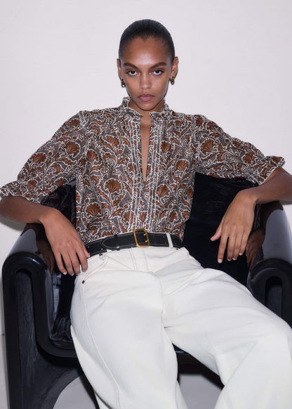 Brown Silk Cotton Rising Wildflower Print Blouse | ME+EM
