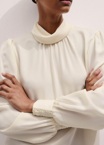 Cream Silk High Neck Slim Cut Blouse | ME+EM