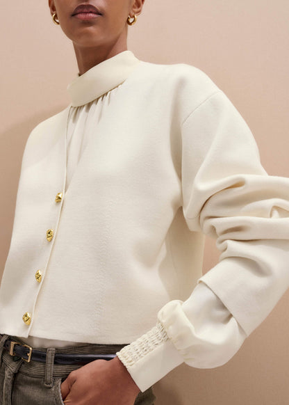 Cream Silk High Neck Slim Cut Blouse | ME+EM