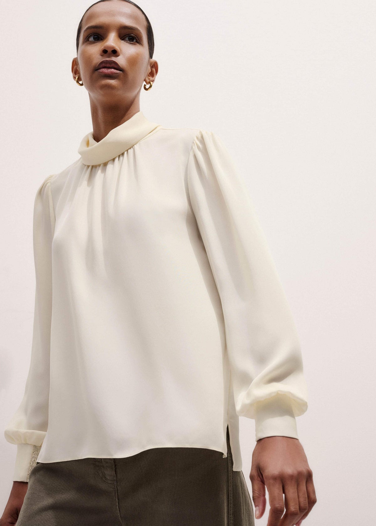 Cream Silk High Neck Slim Cut Blouse | ME+EM