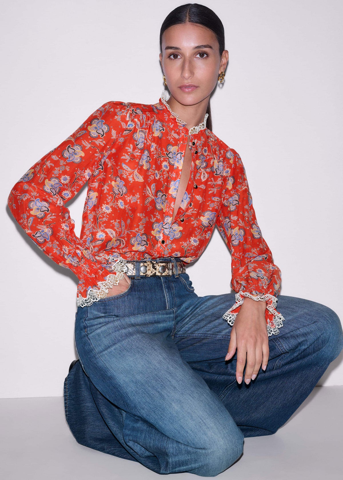 Orange Ornate Floral Paisley Print Blouse | ME+EM