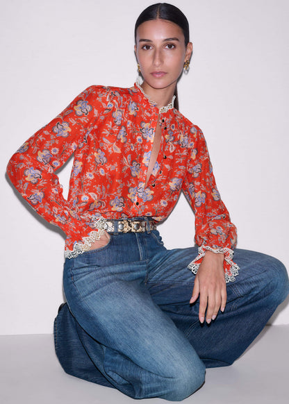Orange Ornate Floral Paisley Print Blouse | ME+EM