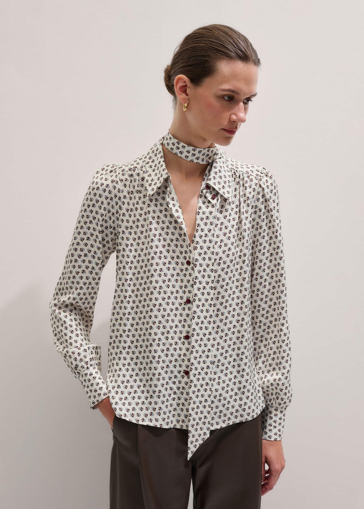 Cream Micro Paisley Print Blouse + Tie | ME+EM