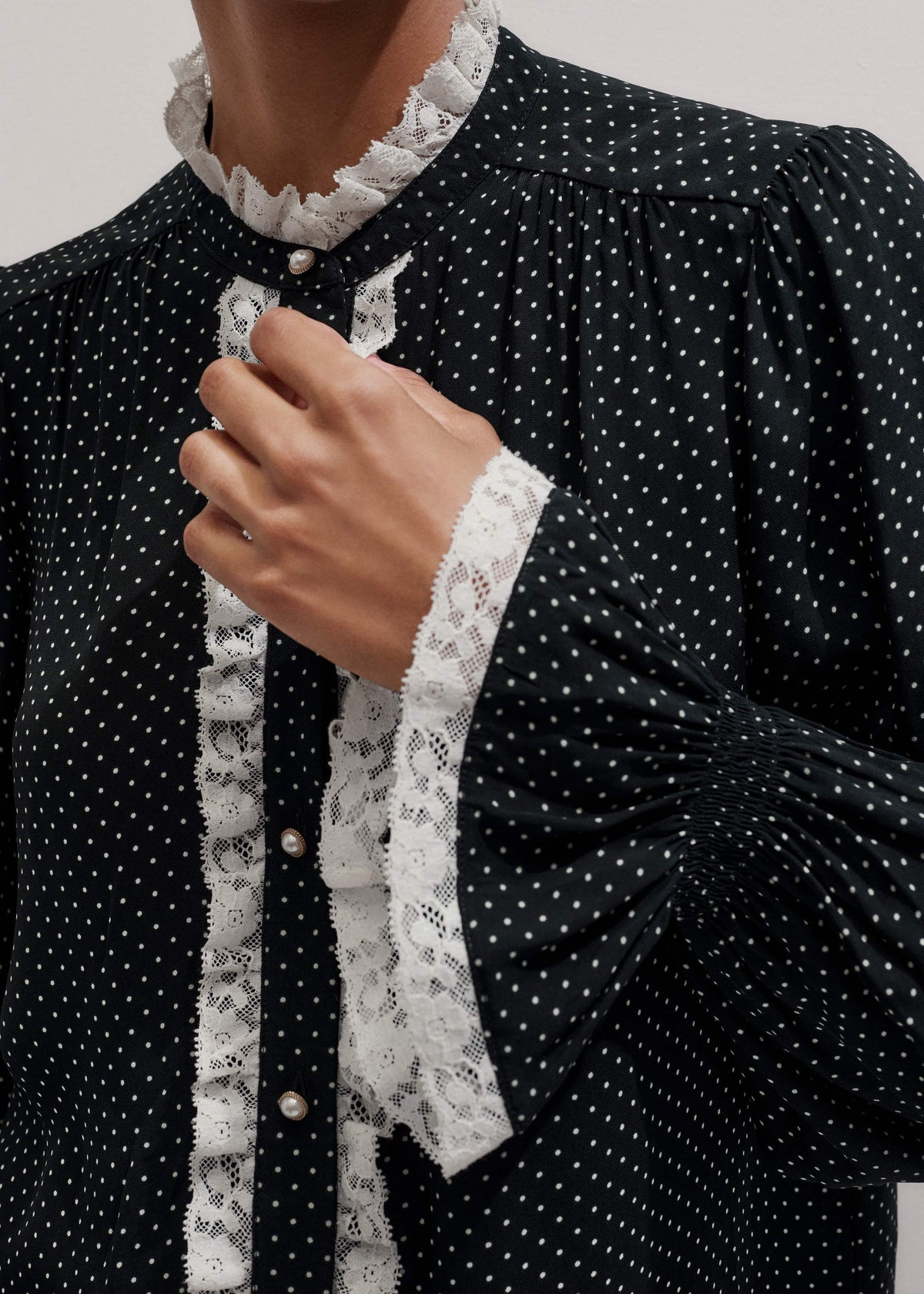 Black Micro Polka Dot And Lace Blouse | ME+EM