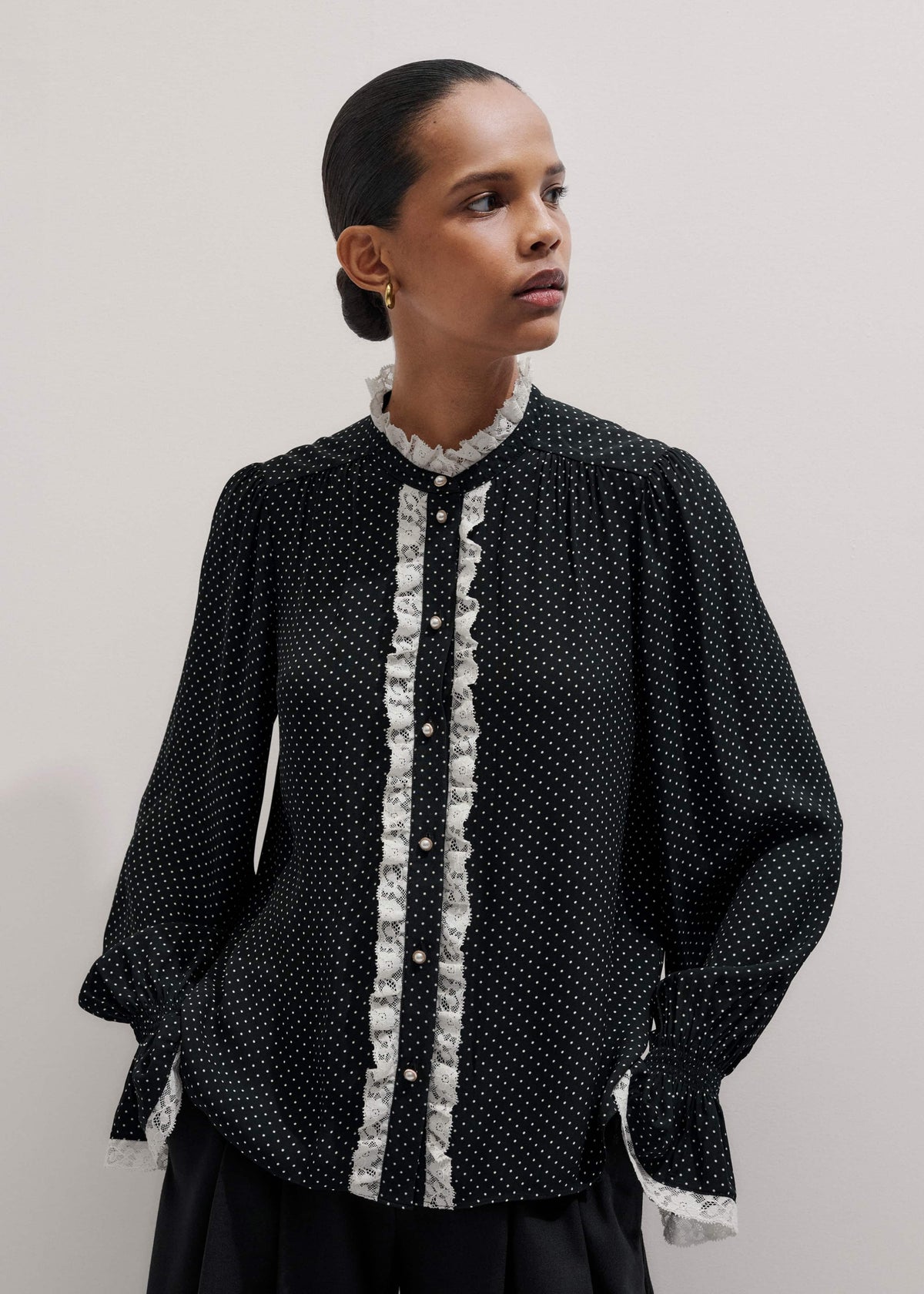 Black Micro Polka Dot And Lace Blouse | ME+EM